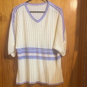 Cream Knit V-Neck Sweater Top with Lavender & Pink Trim